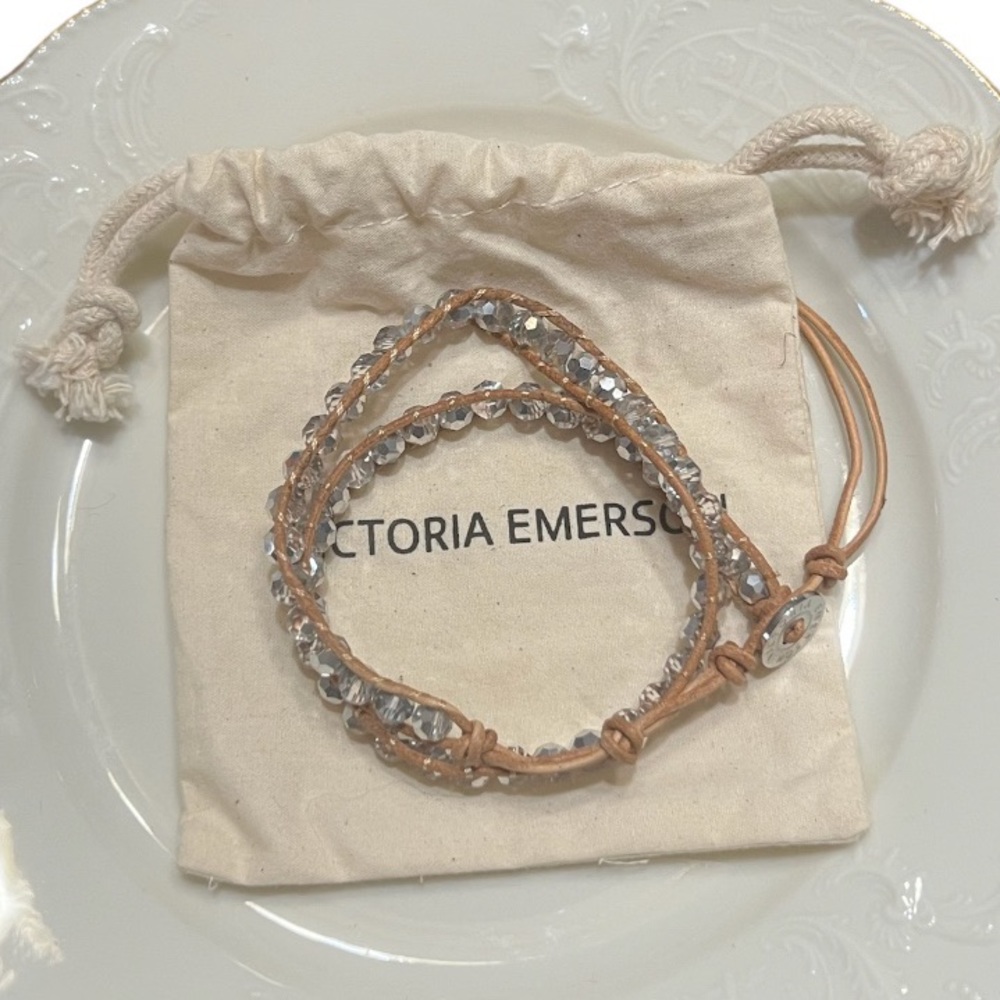 Victoria Emerson Gray Crystal Beaded Wrap Boho Bracelet with Dust Bag EUC
